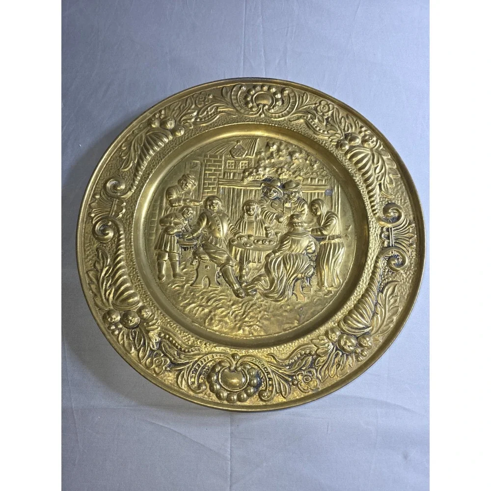 Vintage Brass Tavern Scene Wall Hanging Plate Embossed Repousse Pub Decor 14in
